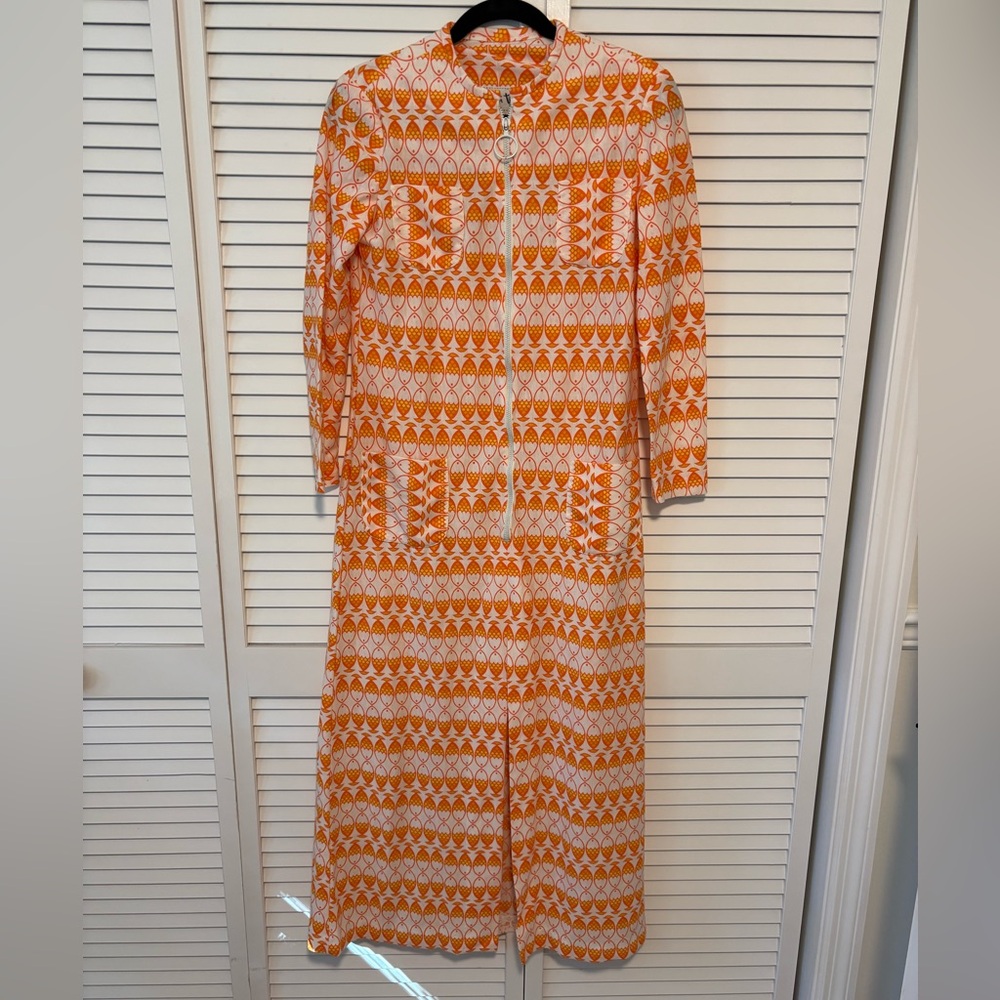 Vintage Orange/yellow/white Geometric fish Maxi dress with front zip and slit